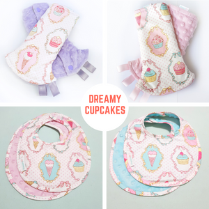 Dreamy Cupcakes Reversible Curved Droolpads and Bib Set-Droolpads-My Babblings-Lavender Minky-Dreamy Cupcakes Bib only-My Babblings™