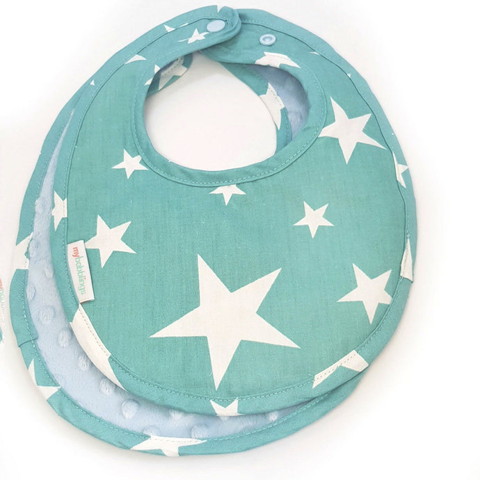 Shining Stars Reversible Curved Droolpads and Bib Set-Droolpads-My Babblings-Light Blue Minky-Shining Stars Bib only-My Babblings™
