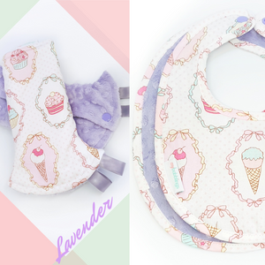 Dreamy Cupcakes Reversible Curved Droolpads and Bib Set-Droolpads-My Babblings-Lavender Minky-Dreamy Cupcakes Droolpads and Bib Matching Set-My Babblings™