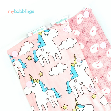 Double Prints Reversible Curved Droolpads-Droolpads-My Babblings-Pink Double Prints (Magical Unicorn and Mochi Rabbit)-My Babblings™