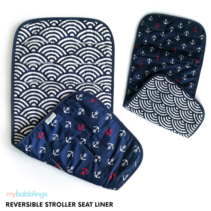 Reversible Stroller Seat Liner-Stroller Protectors-My Babblings™-Reversible Oceanic Waves and Ship Ahoy-Compact Stroller (30x66cm)-My Babblings™