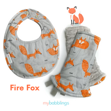 Fire Fox Reversible Curved Droolpads and Bib Set-Droolpads-My Babblings-Fire Fox in Light Grey Minky Droolpads and Bib Matching Set-My Babblings™