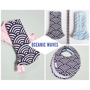 Oceanic Waves Reversible Curved Droolpads and Bib Set-Droolpads-My Babblings-Pink Minky-Oceanic Waves Bib only-My Babblings™